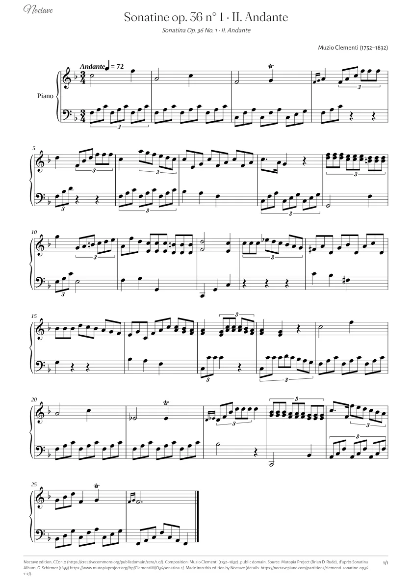 Première page de la partition de Sonatine op. 36 n° 1 · II. Andante