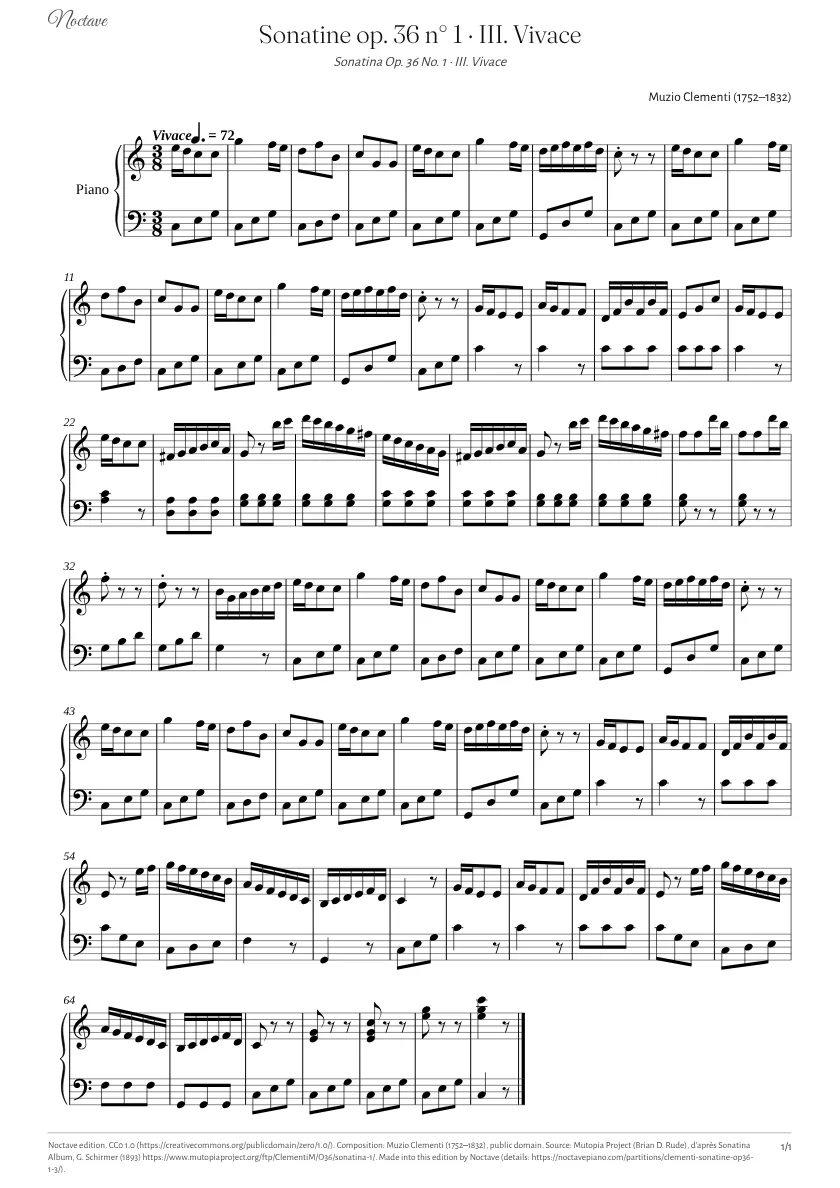 Première page de la partition de Sonatine op. 36 n° 1 · III. Vivace