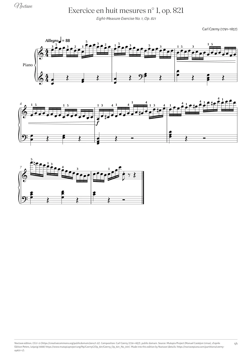 First page of the score of Eight-Measure Exercise No. 1, Op. 821