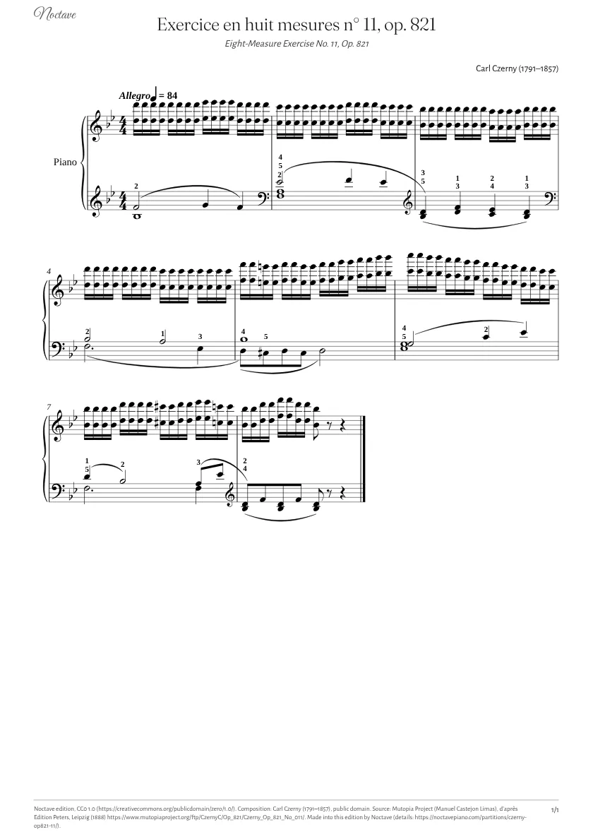First page of the score of Eight-Measure Exercise No. 11, Op. 821