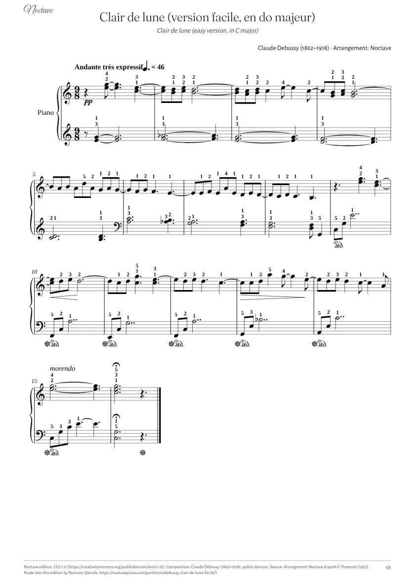 Première page de la partition de Clair de lune (version facile, en do majeur)