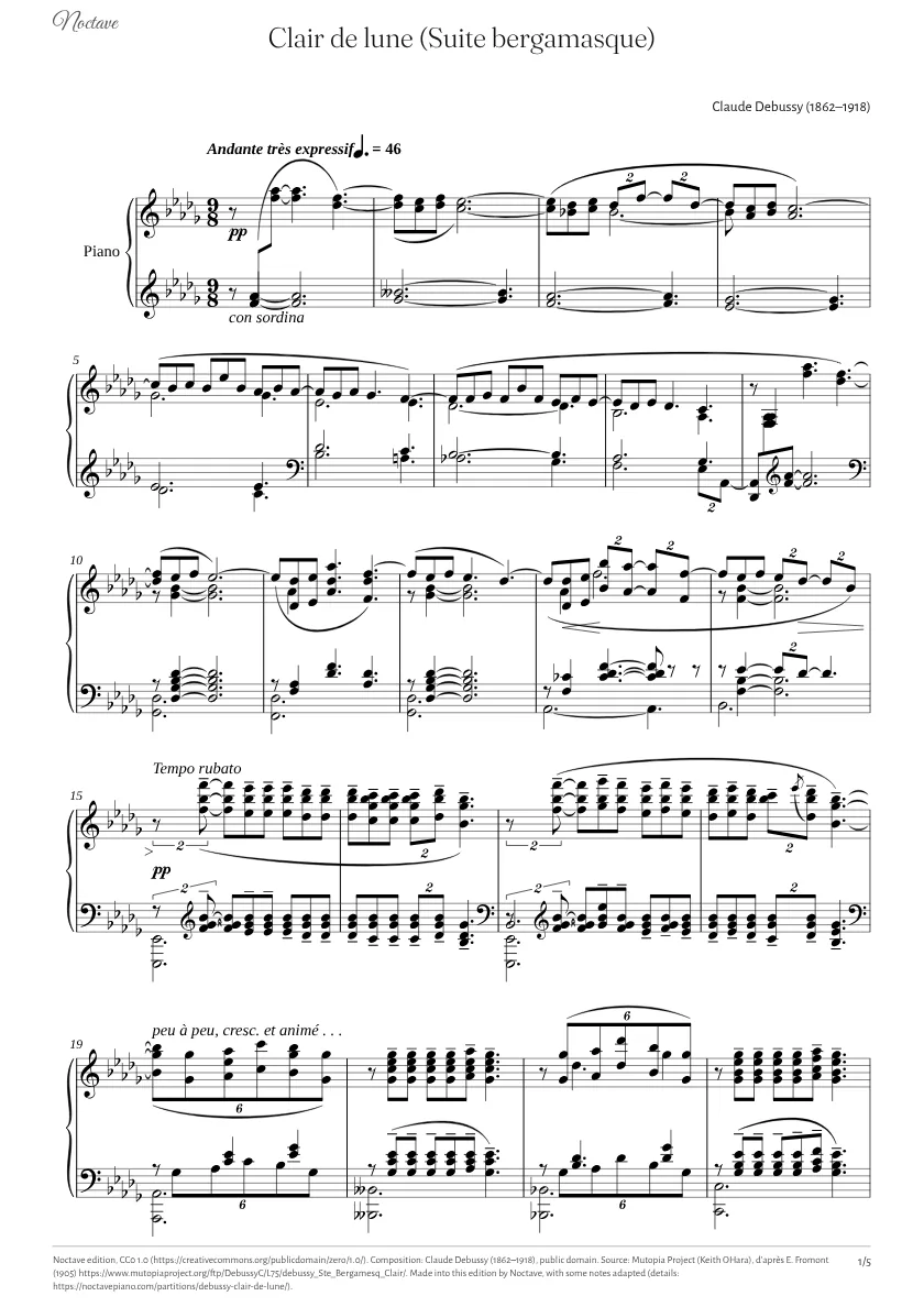 Première page de la partition de Clair de lune (Suite bergamasque)