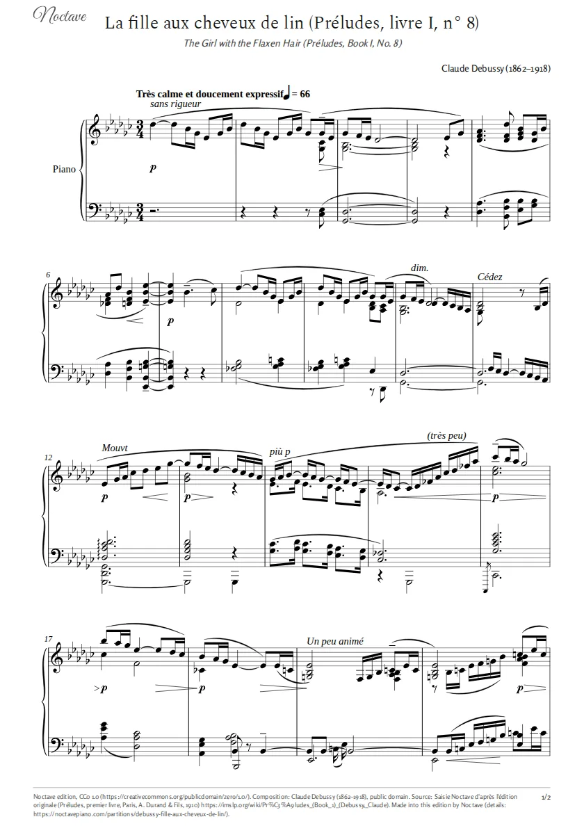 First page of the score of The Girl with the Flaxen Hair (Préludes, Book I, No. 8)