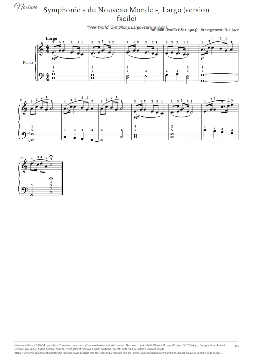 First page of the score of “New World” Symphony, Largo (easy version)