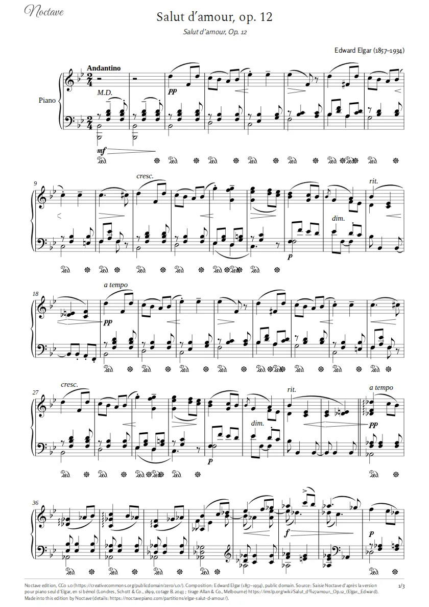 First page of the score of Salut d’amour, Op. 12