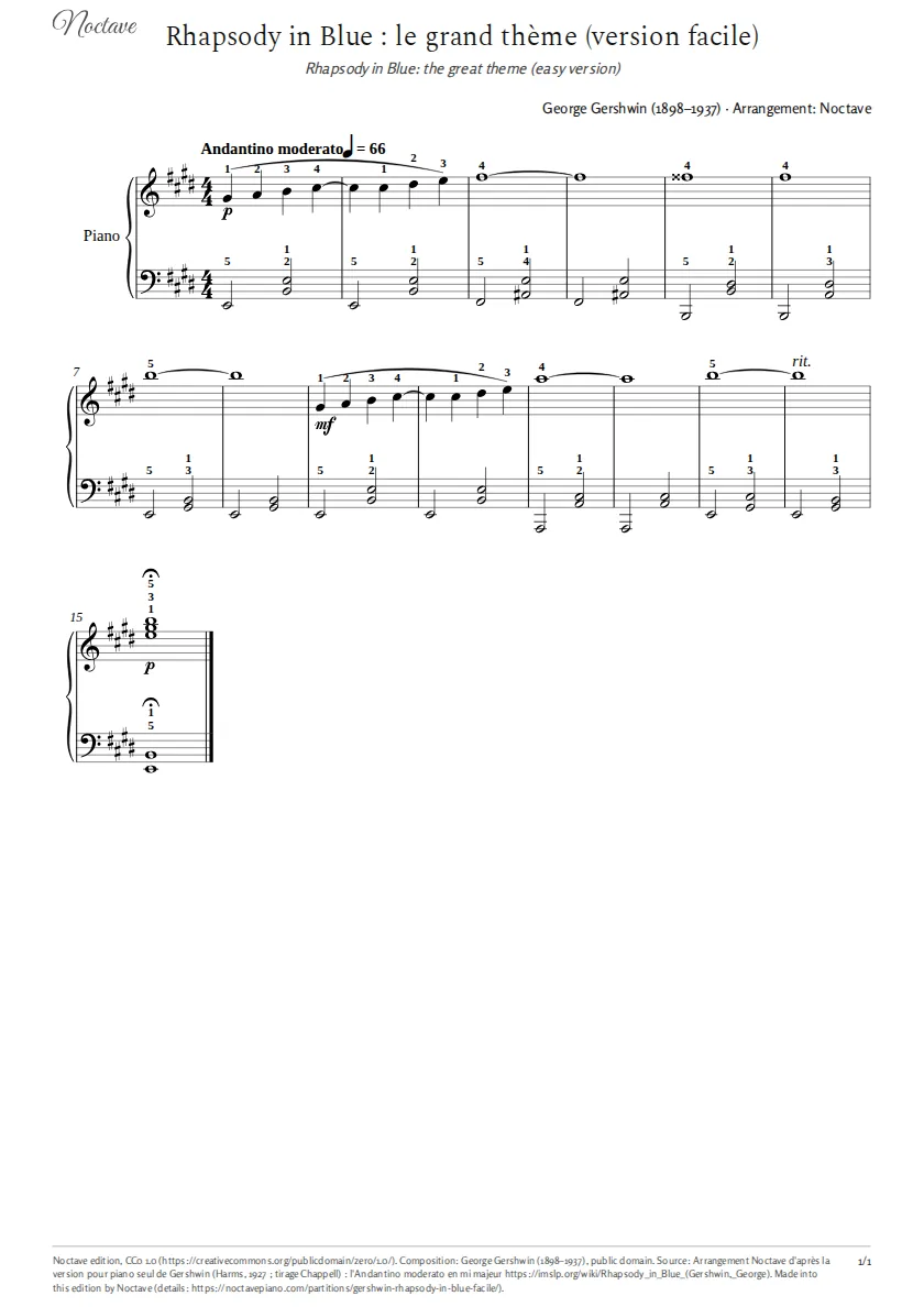 First page of the score of Rhapsody in Blue: the great theme (easy version)