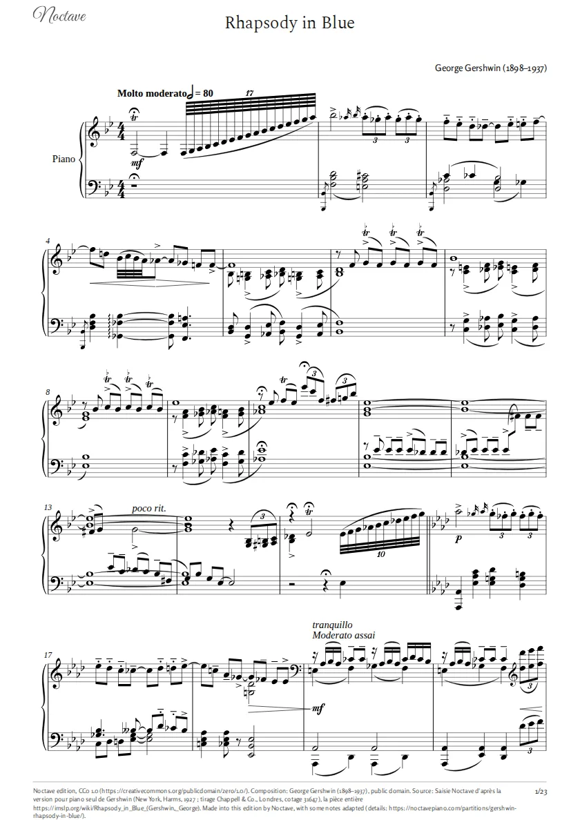 First page of the score of Rhapsody in Blue