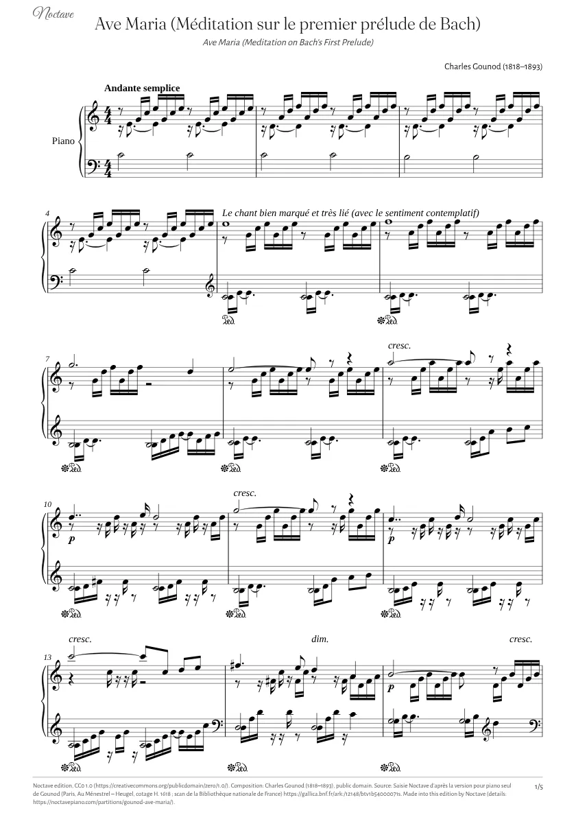 Première page de la partition de Ave Maria (Méditation sur le premier prélude de Bach)