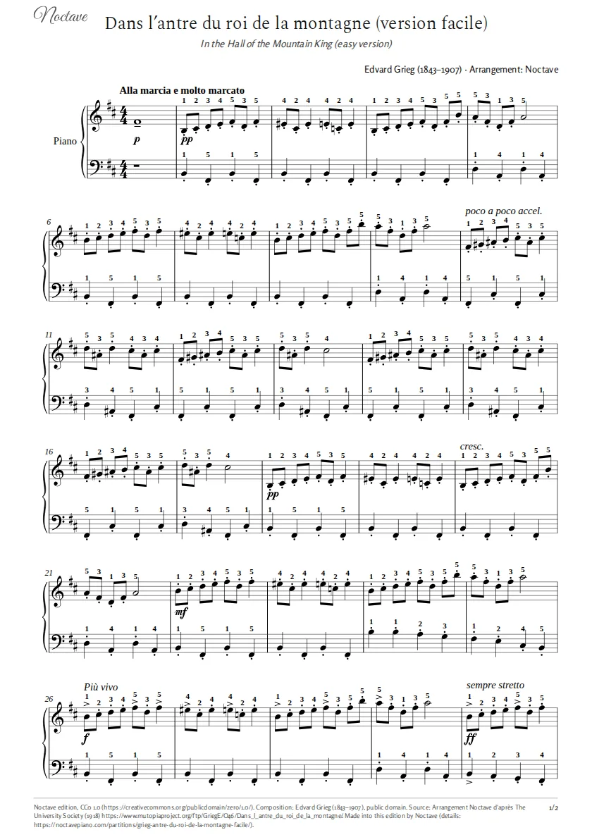 Première page de la partition de Dans l’antre du roi de la montagne (version facile)