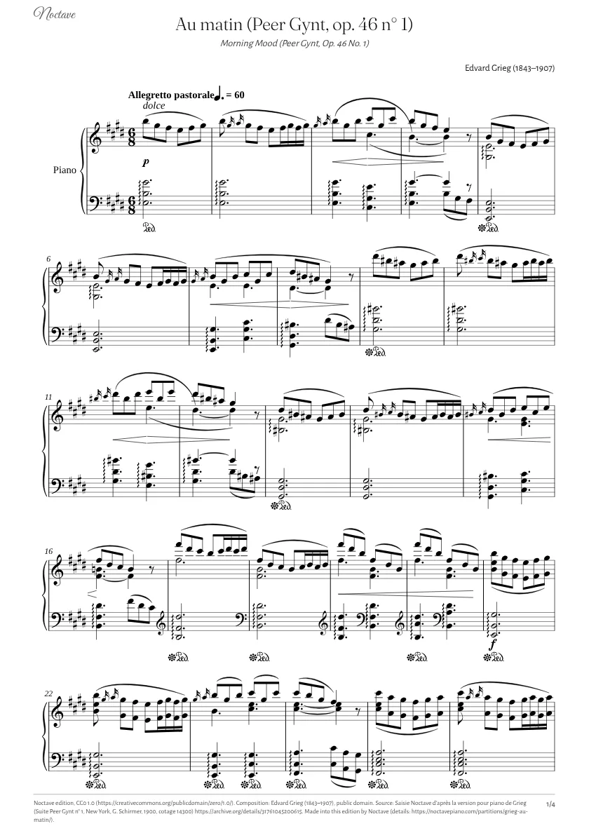 First page of the score of Morning Mood (Peer Gynt, Op. 46 No. 1)