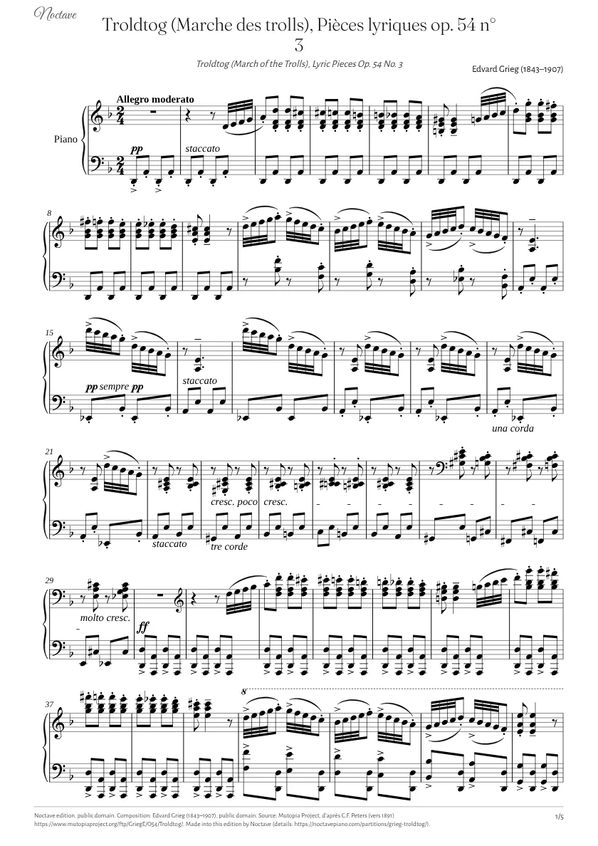Première page de la partition de Troldtog (Marche des trolls), Pièces lyriques op. 54 n° 3