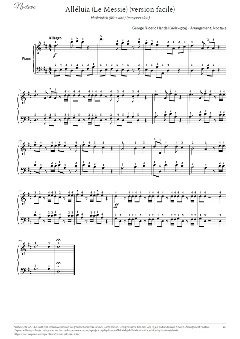 First page of the score of Hallelujah (Messiah) (easy version)
