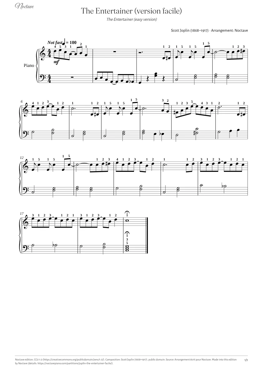 Première page de la partition de The Entertainer (version facile)