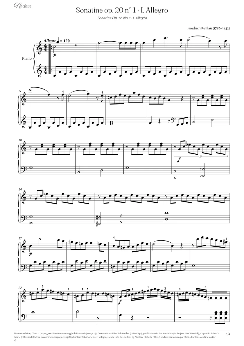 First page of the score of Sonatina Op. 20 No. 1 · I. Allegro