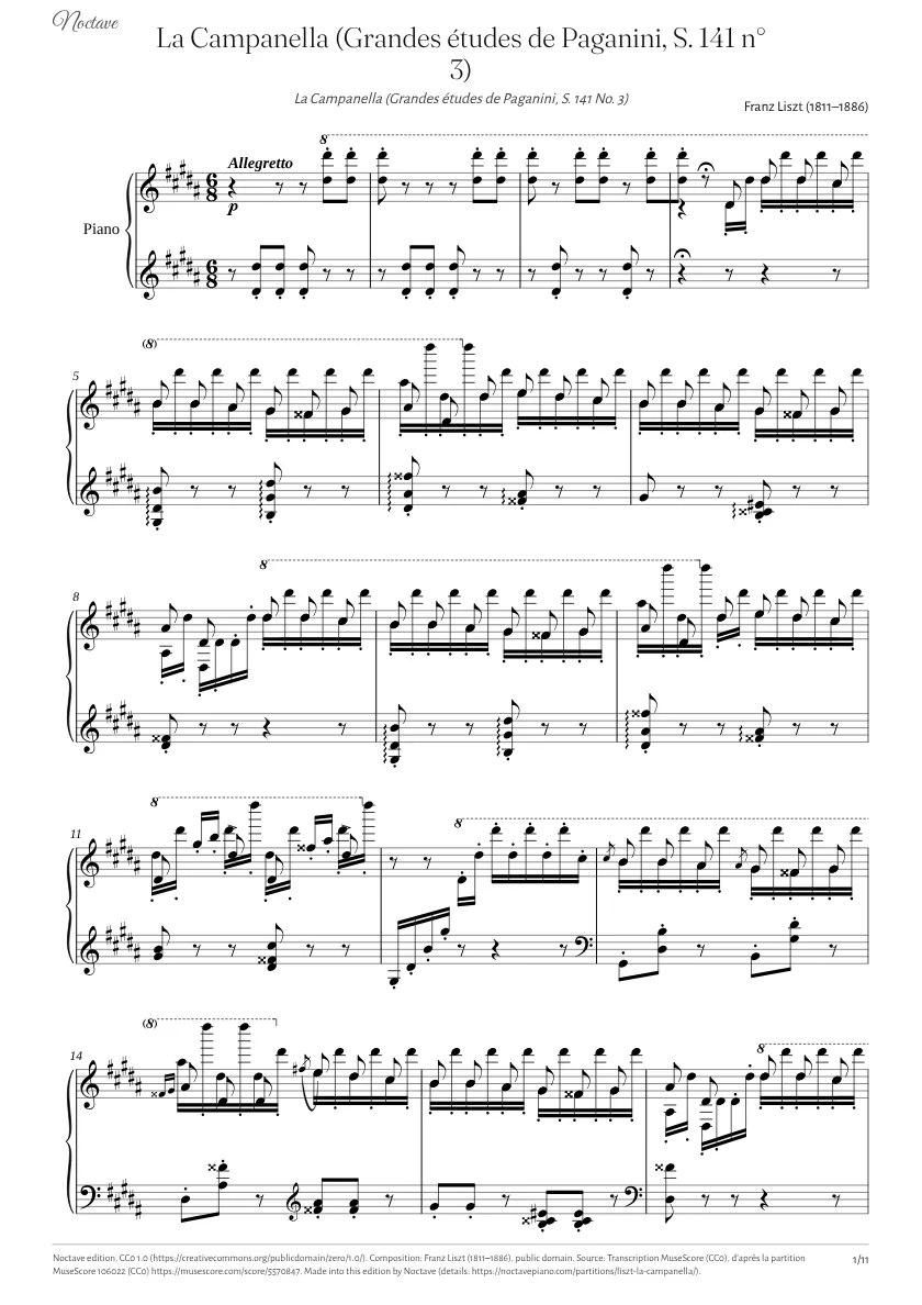 Première page de la partition de La Campanella (Grandes études de Paganini, S. 141 n° 3)