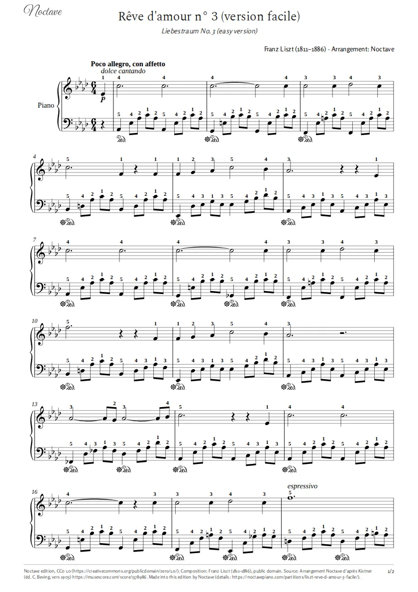 First page of the score of Liebestraum No. 3 (easy version)