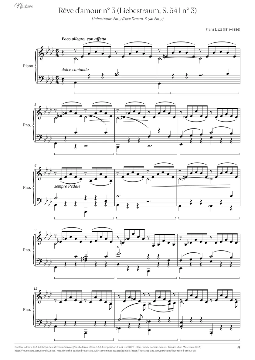 Première page de la partition de Rêve d'amour n° 3 (Liebestraum, S. 541 n° 3)