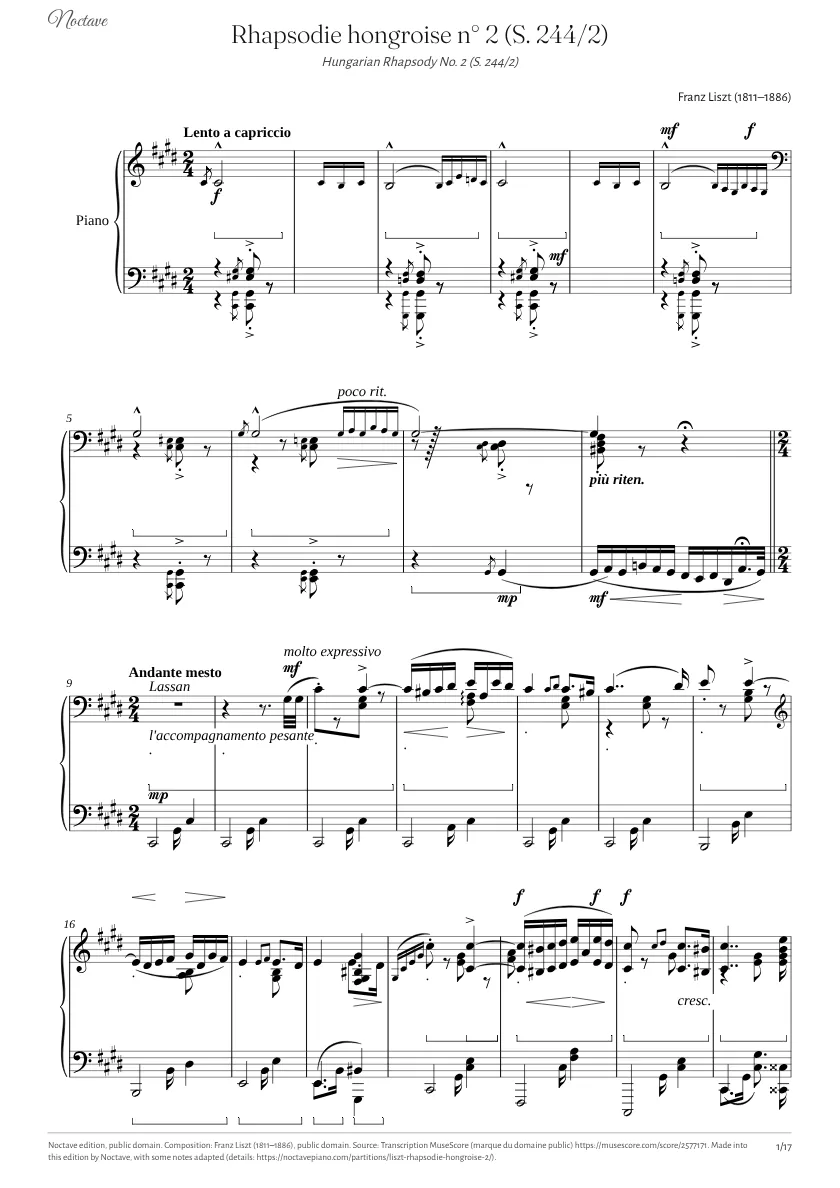 First page of the score of Hungarian Rhapsody No. 2 (S. 244/2)