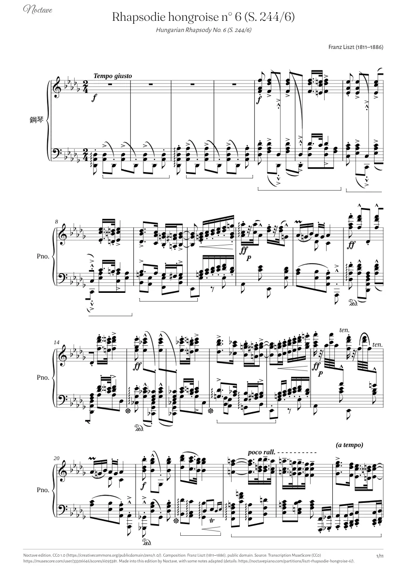 Première page de la partition de Rhapsodie hongroise n° 6 (S. 244/6)