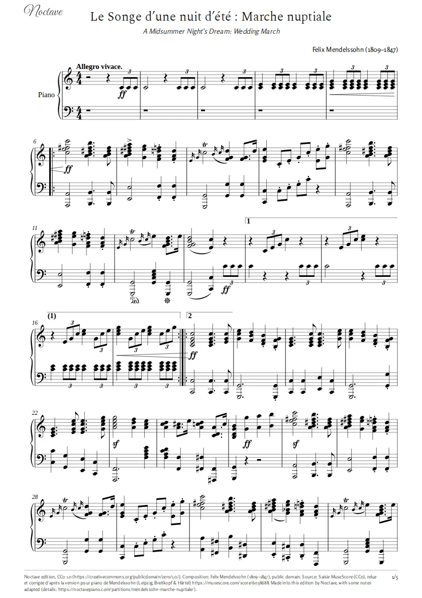 First page of the score of A Midsummer Night’s Dream: Wedding March