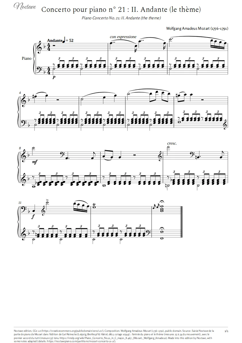 First page of the score of Piano Concerto No. 21: II. Andante (the theme)