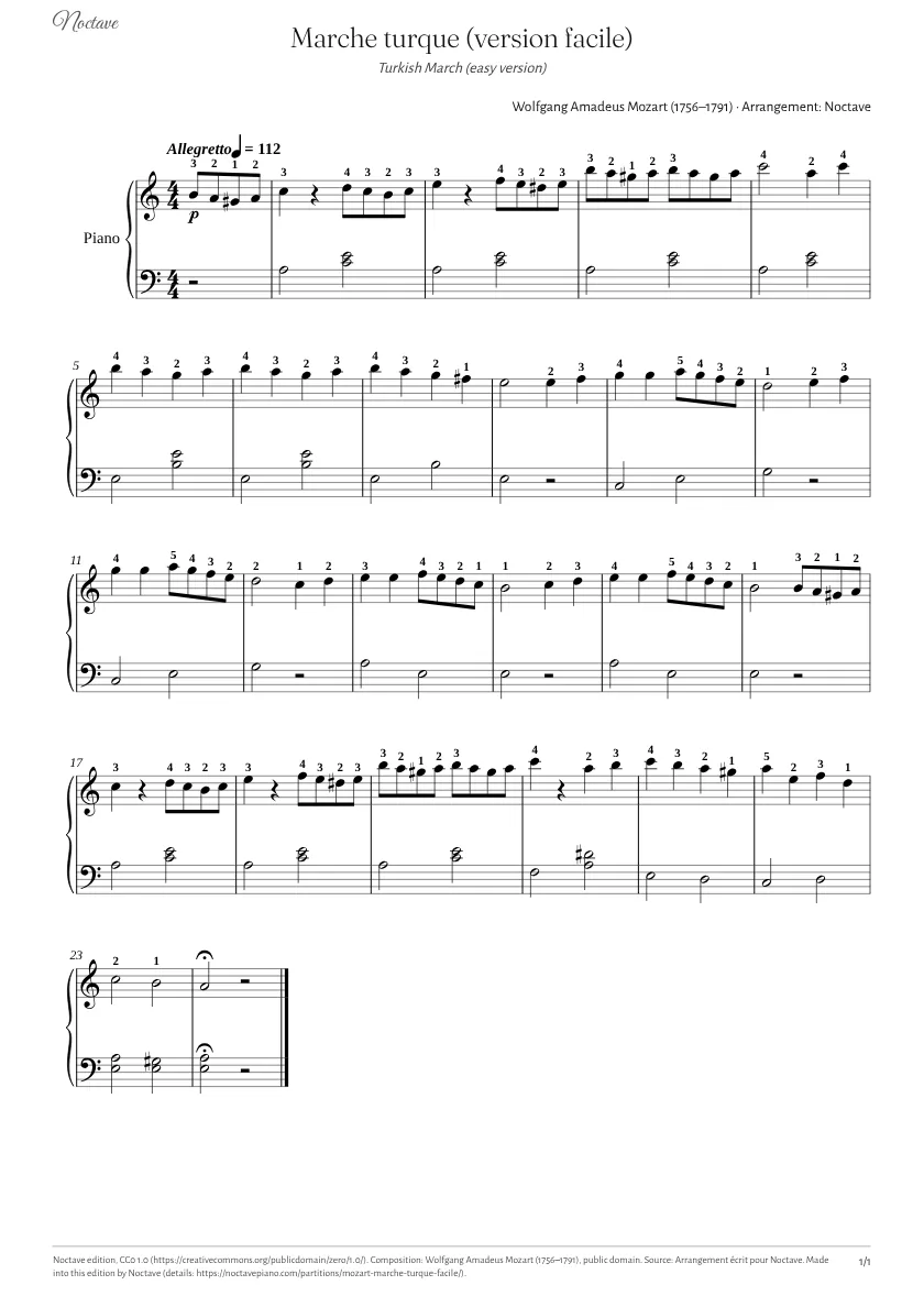 Première page de la partition de Marche turque (version facile)