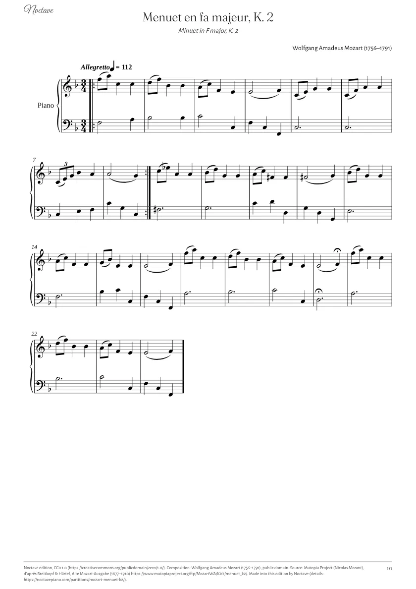 Première page de la partition de Menuet en fa majeur, K. 2