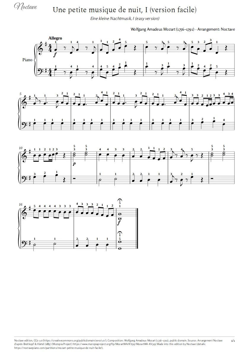 First page of the score of Eine kleine Nachtmusik, I (easy version)