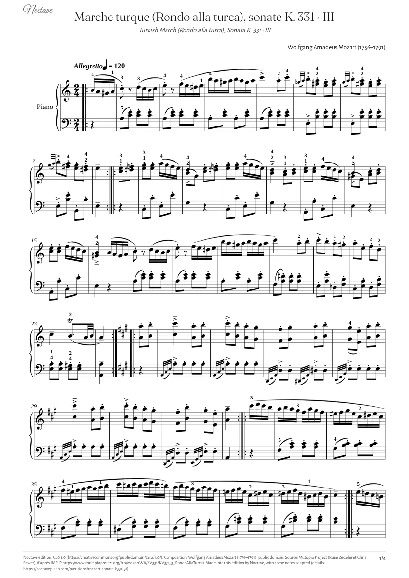 Première page de la partition de Marche turque (Rondo alla turca), sonate K. 331 · III