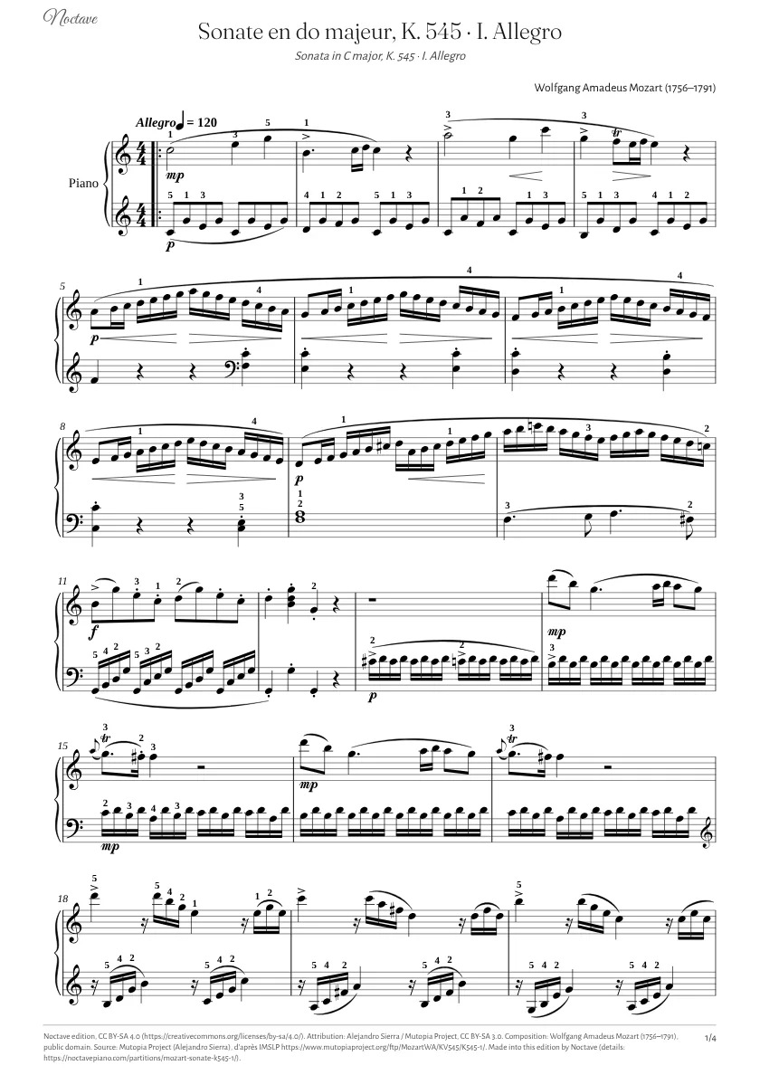 First page of the score of Sonata in C major, K. 545 · I. Allegro