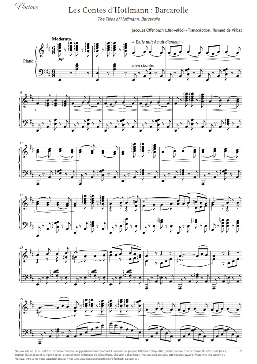 First page of the score of The Tales of Hoffmann: Barcarolle