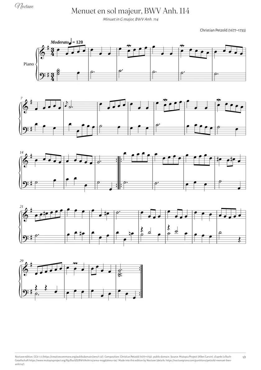 Première page de la partition de Menuet en sol majeur, BWV Anh. 114