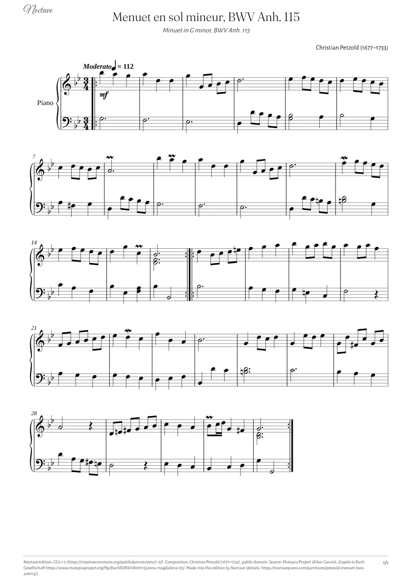 Première page de la partition de Menuet en sol mineur, BWV Anh. 115