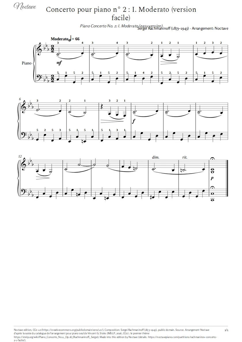 First page of the score of Piano Concerto No. 2: I. Moderato (easy version)