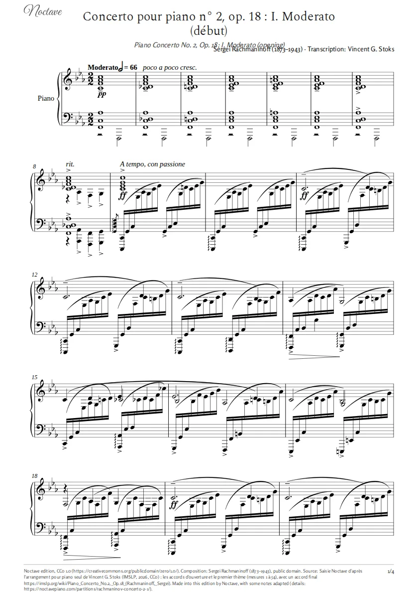 First page of the score of Piano Concerto No. 2, Op. 18: I. Moderato (opening)