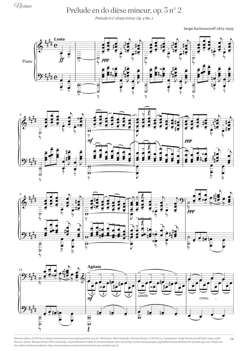 Première page de la partition de Prélude en do dièse mineur, op. 3 n° 2