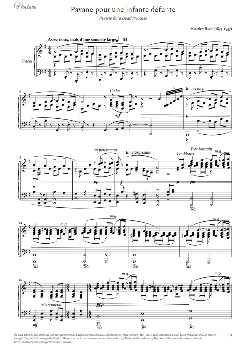 First page of the score of Pavane for a Dead Princess