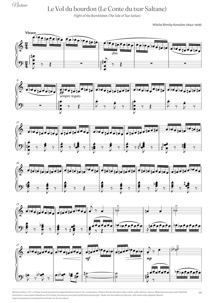 Première page de la partition de Le Vol du bourdon (Le Conte du tsar Saltane)