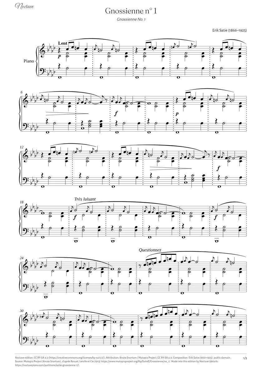 Première page de la partition de Gnossienne n° 1