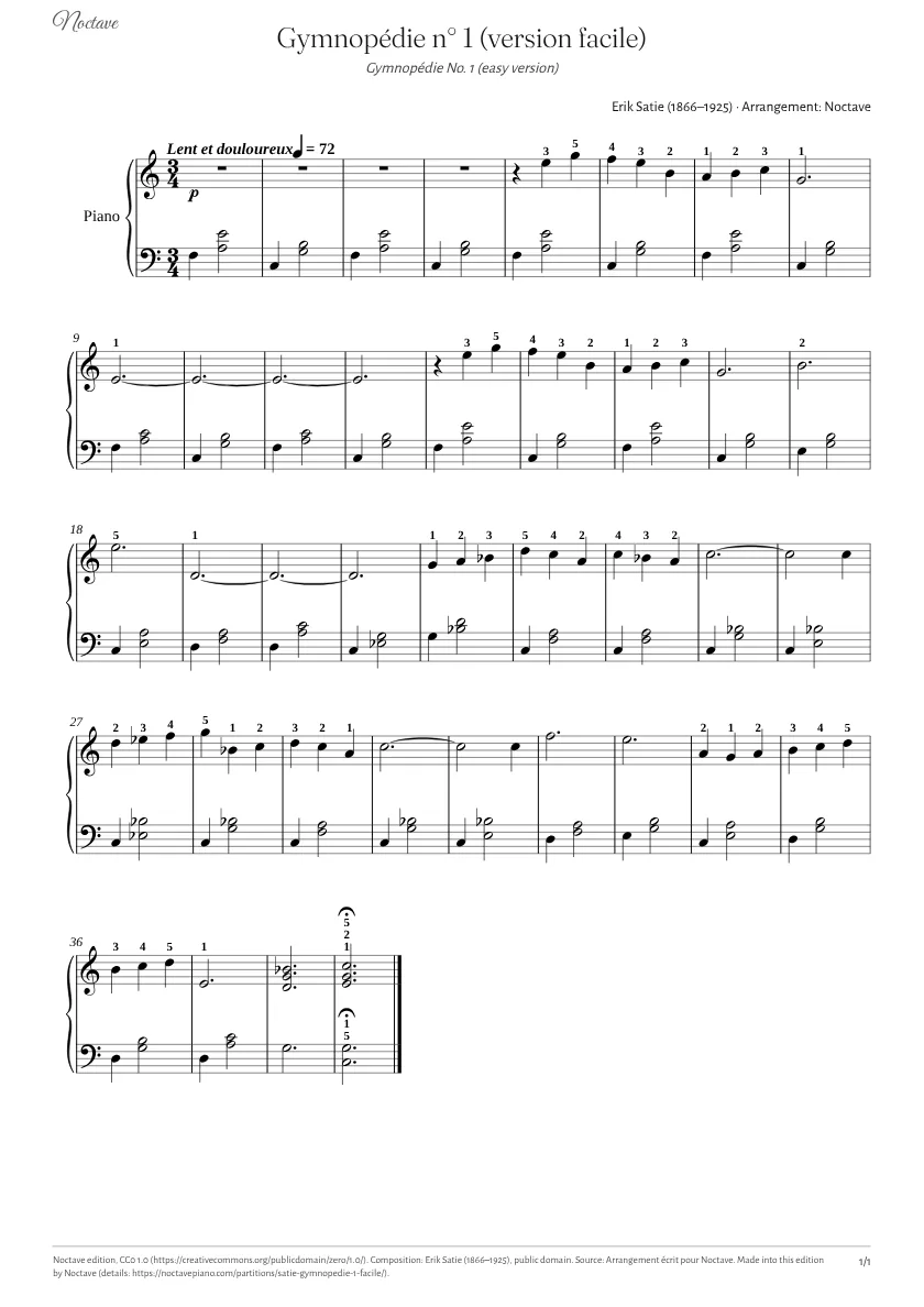 Première page de la partition de Gymnopédie n° 1 (version facile)