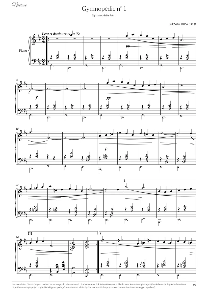 First page of the score of Gymnopédie No. 1