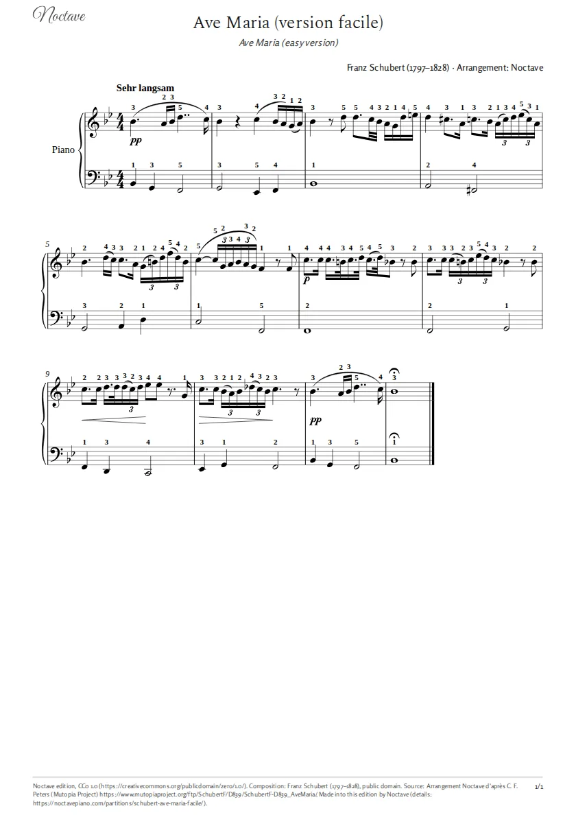 Première page de la partition de Ave Maria (version facile)