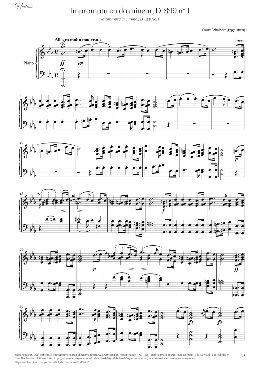 Première page de la partition de Impromptu en do mineur, D. 899 n° 1