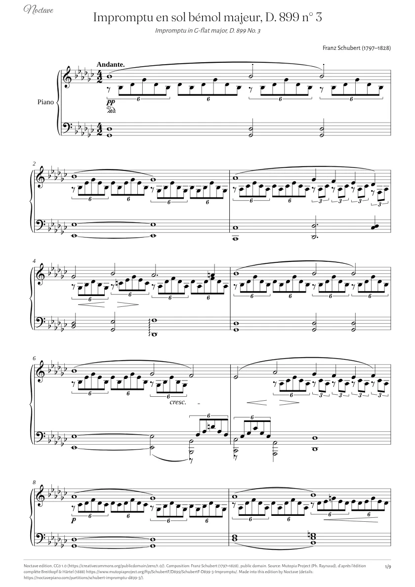 Première page de la partition de Impromptu en sol bémol majeur, D. 899 n° 3