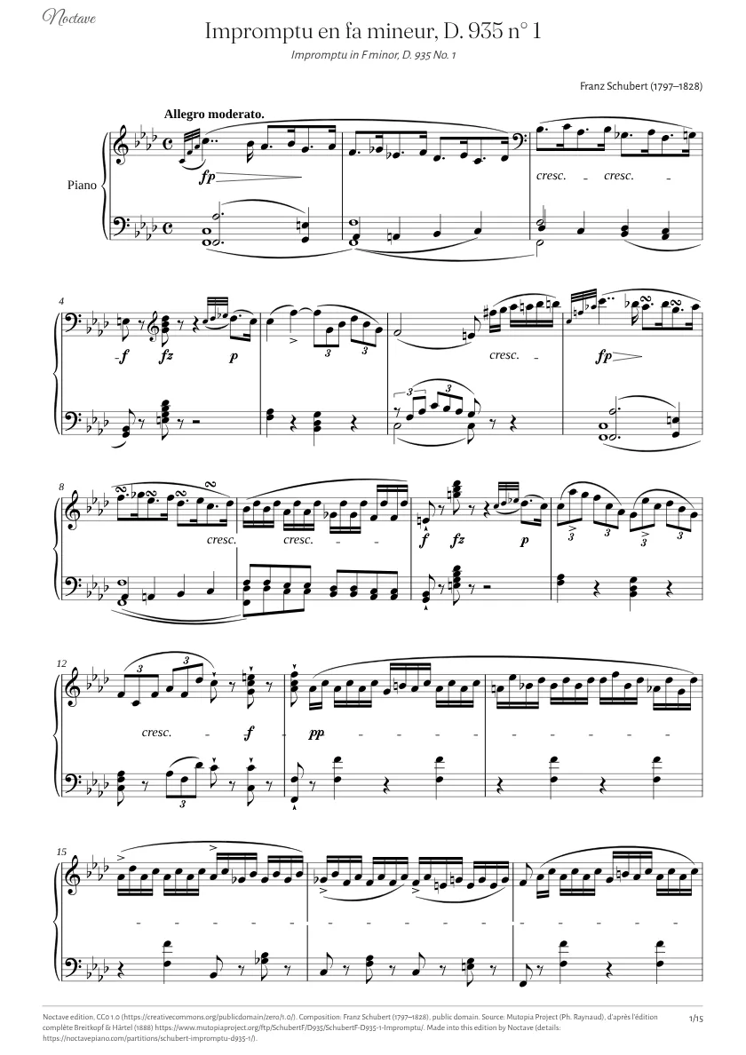 Première page de la partition de Impromptu en fa mineur, D. 935 n° 1