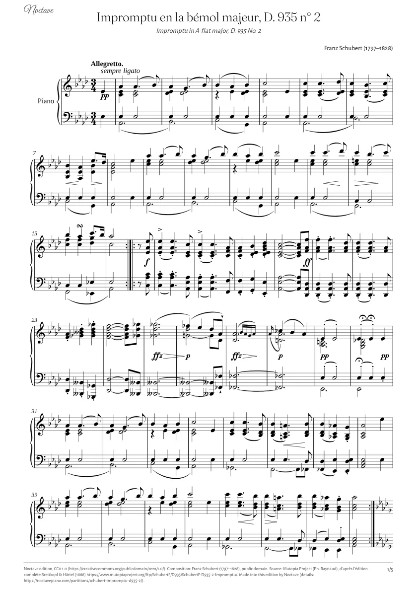 Première page de la partition de Impromptu en la bémol majeur, D. 935 n° 2