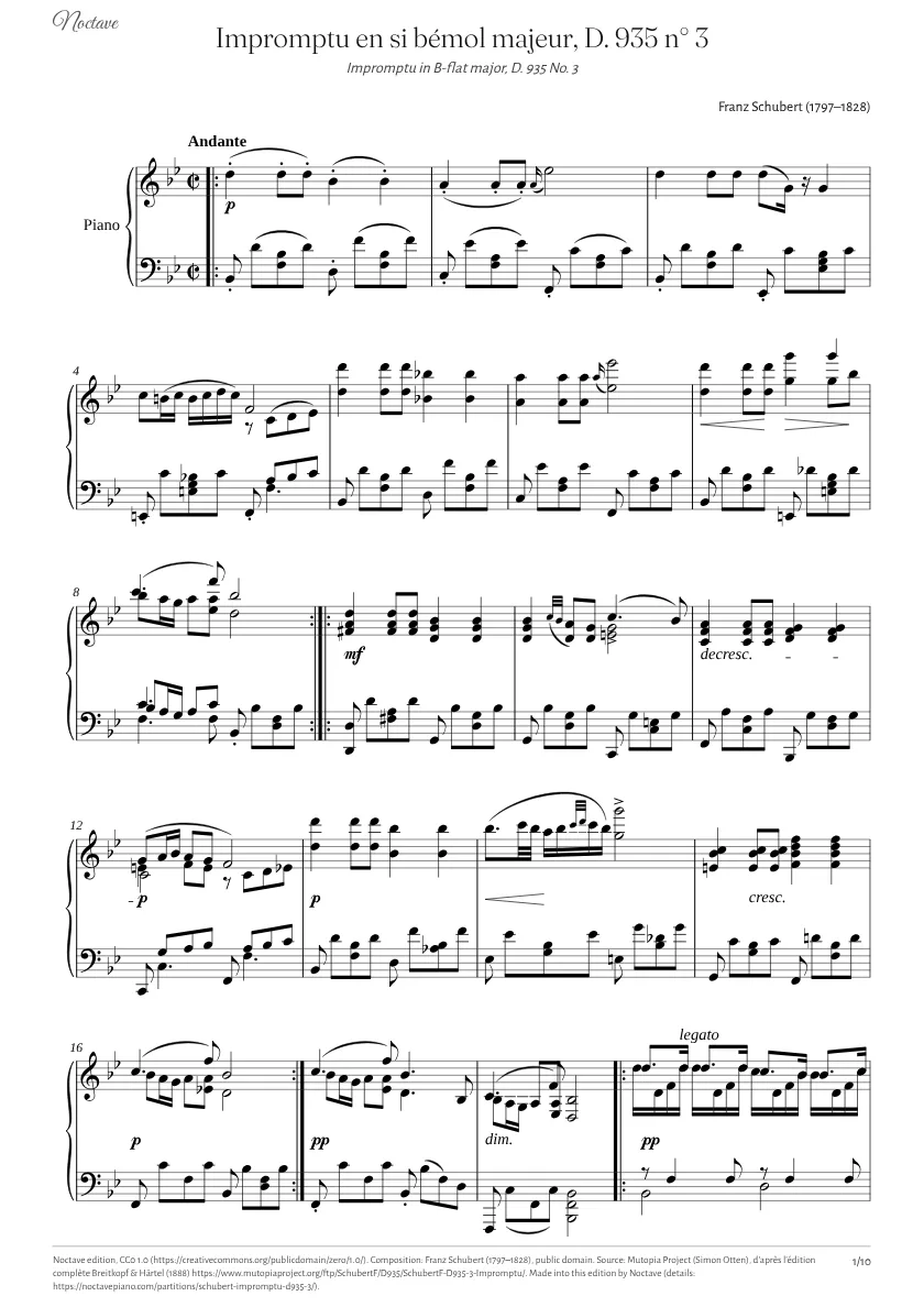 Première page de la partition de Impromptu en si bémol majeur, D. 935 n° 3