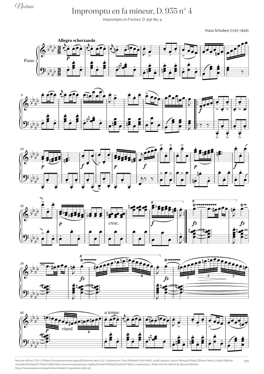 Première page de la partition de Impromptu en fa mineur, D. 935 n° 4