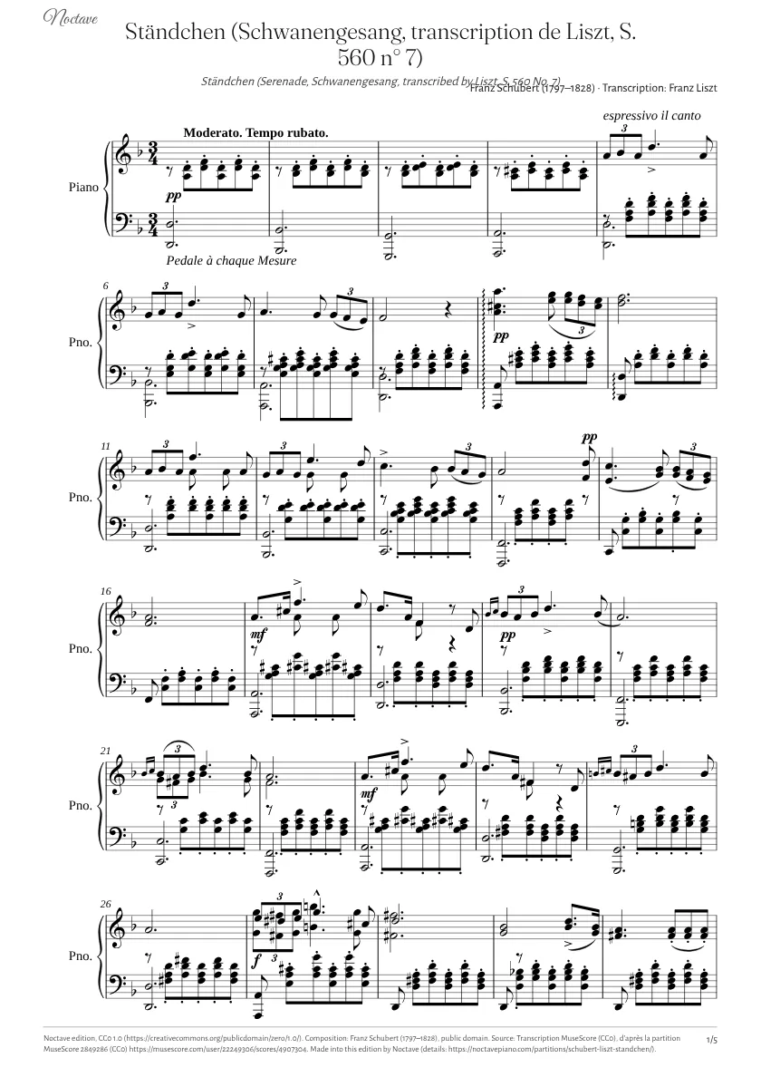 Première page de la partition de Ständchen (Schwanengesang, transcription de Liszt, S. 560 n° 7)