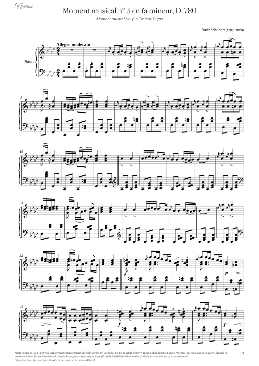 Première page de la partition de Moment musical n° 3 en fa mineur, D. 780